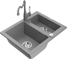 Mexen Carlos granitinė dviguba 1,5-erkės plautuvė su virtuviniu maišytuvu Carla, pilka - 6518-71-670700-71
