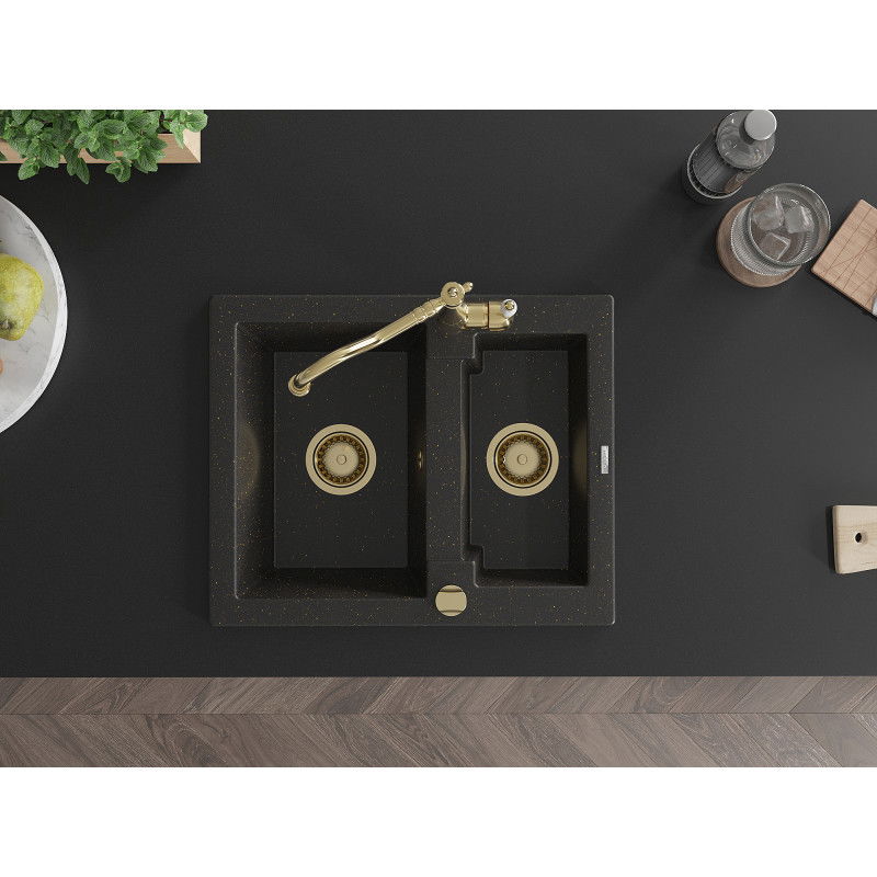 Mexen Carlos granitinis kriauklė 1,5 kamerų su virtuvės maišytuvu Carla, juoda/auksinė metalikas - 6518-75-670700-50