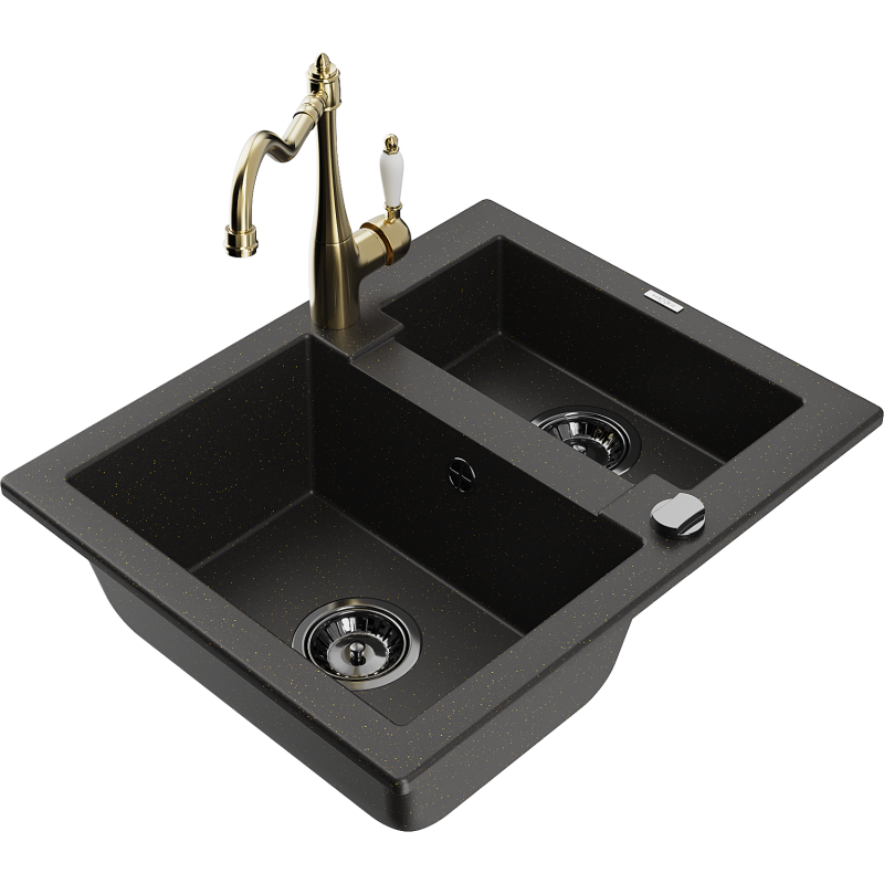 Mexen Carlos 1,5 skylių granitinė kriauklė su virtuviniu maišytuvu Carla, juoda/auksinė metalo spalva - 6518-75-670700-50-B