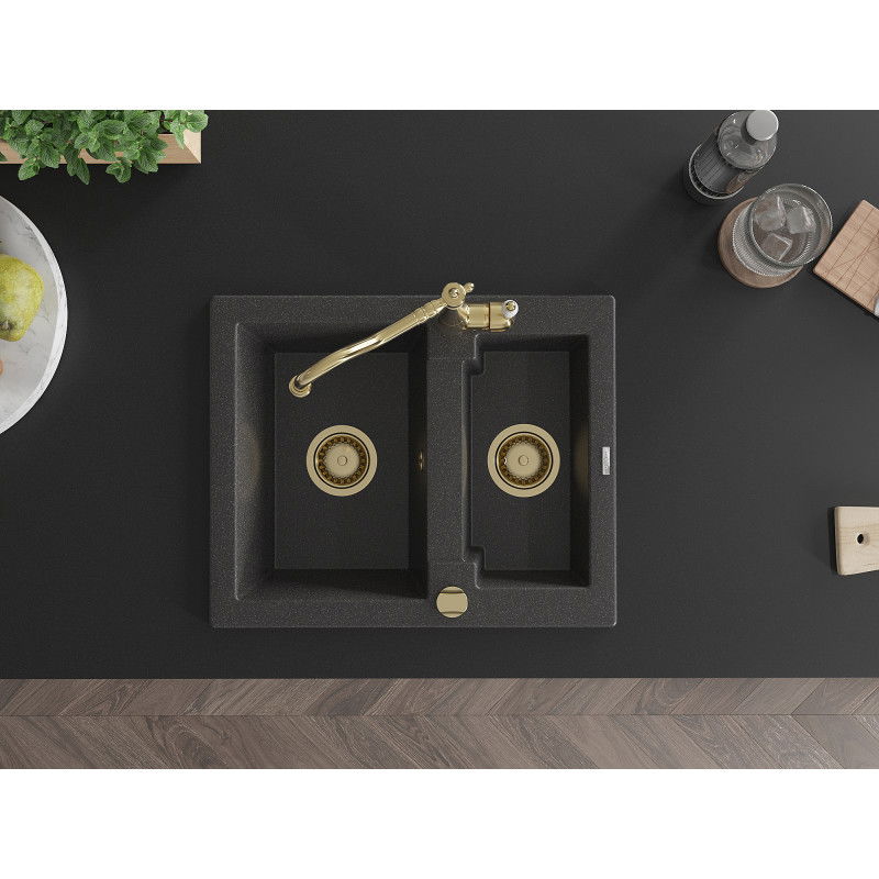 Mexen Carlos granitinis 1,5 wasko kriauklė su virtuviniu maišytuvu Carla, juodas dėmėtas - 6518-76-670700-50