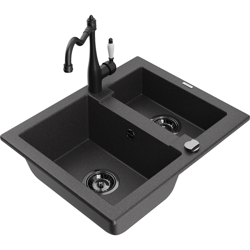 Mexen Carlos granitinė 1,5 kamerų plautuvė su Carlą virtuviniu maišytuvu, juoda taškuota - 6518-76-670700-70-B