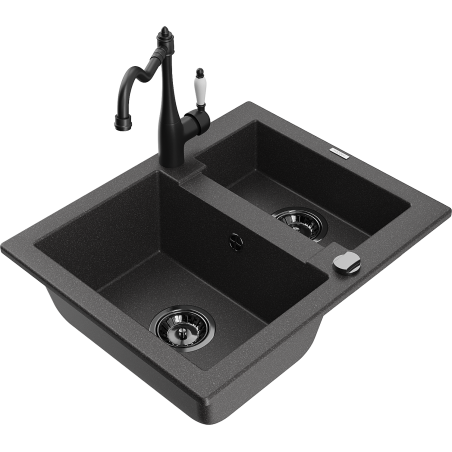 Mexen Carlos granitinė 1,5 kamerų plautuvė su Carlą virtuviniu maišytuvu, juoda taškuota - 6518-76-670700-70-B