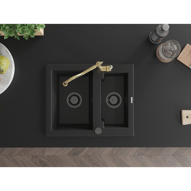 Mexen Carlos granito plautuvė 1,5 skyrių su virtuviniu maišytuvu Carla, juodas - 6518-77-670700-50-B