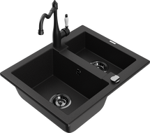 Mexen Carlos granitinė kriauklė su 1,5 skyrelio ir virtuvės maišytuvu Carla, juoda - 6518-77-670700-70-B