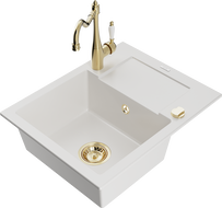 Mexen Enzo granitinė vienos kameros plautuvė su nusausintuvu ir virtuvės maišytuvu Carla, balta - 6506-20-670700-50