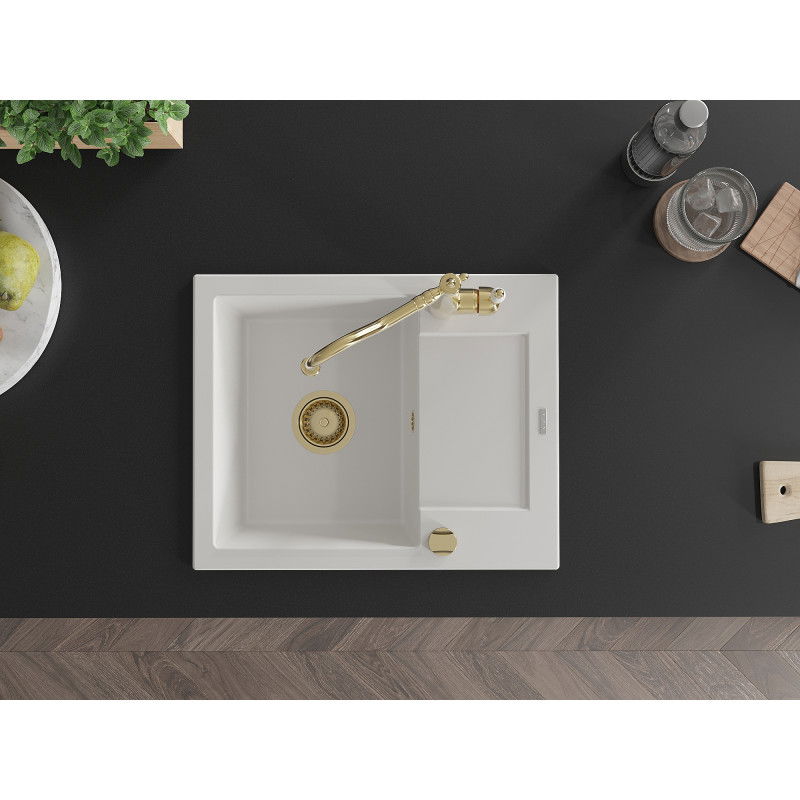 Mexen Enzo granitinė vienos kameros plautuvė su nusausintuvu ir virtuvės maišytuvu Carla, balta - 6506-20-670700-50