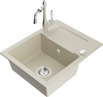 Mexen Enzo granito plautuvė 1 skyrius su nutekamu ir virtuvės maišytuvu Carla, smėlio spalvos - 6506-69-670700-00