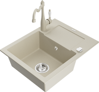 Mexen Enzo vieno dubens granitinė kriauklė su nusausintuvu ir virtuviniu maišytuvu Carla, smėlio spalvos - 6506-69-670700-69