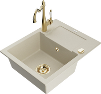 Mexen Enzo granito plautuvė 1 skyriumi su lašintuvu ir virtuvės maišytuvu Carla, smėlio spalvos - 6506-69-670700-50