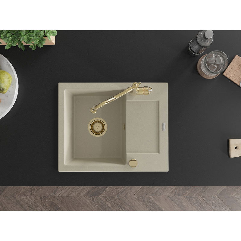 Mexen Enzo granito plautuvė 1 skyriumi su lašintuvu ir virtuvės maišytuvu Carla, smėlio spalvos - 6506-69-670700-50