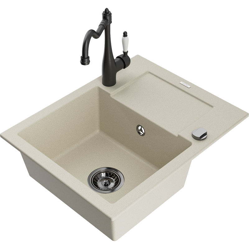 Mexen Enzo vieno dubens granito kriauklė su nusausintuvu ir virtuvės maišytuvu Carla, smėlio spalvos - 6506-69-670700-70