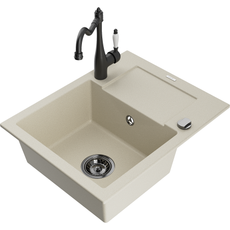 Mexen Enzo vieno dubens granito kriauklė su nusausintuvu ir virtuvės maišytuvu Carla, smėlio spalvos - 6506-69-670700-70