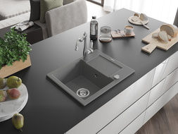 Mexen Enzo granito plautuvė su 1 skyriumi ir nutekėjimu bei virtuviniu maišytuvu Carla, pilka - 6506-71-670700-00