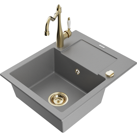 Mexen Enzo granitinė vienos komoros plautuvė su nutekėjimu ir virtuviniu maišytuvu Carla, pilka - 6506-71-670700-50