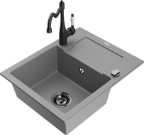Mexen Enzo vienos kamaros granito plautuvė su nuvarvėjimu ir virtuviniu maišytuvu Carla, pilka - 6506-71-670700-70-B