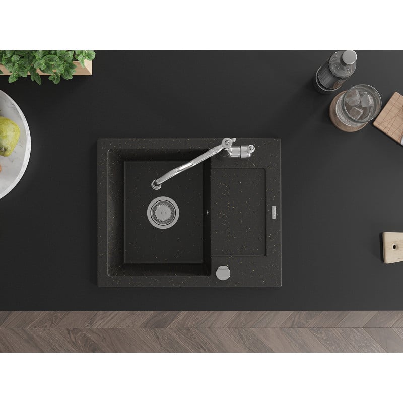 Mexen Enzo granitinė vienos kameros plautuvė su nutekėjimu ir virtuviniu maišytuvu Carla, juoda/auksinė metalo spalva