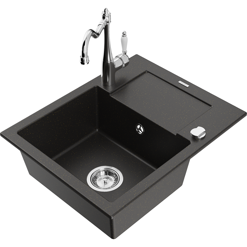 Mexen Enzo granitinė vienos kameros plautuvė su nutekėjimu ir virtuviniu maišytuvu Carla, juoda/auksinė metalo spalva