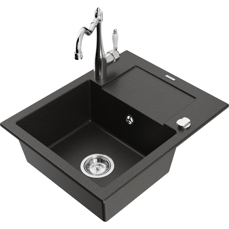 Mexen Enzo granitinė vienos kameros plautuvė su nutekėjimu ir virtuviniu maišytuvu Carla, juoda/auksinė metalo spalva