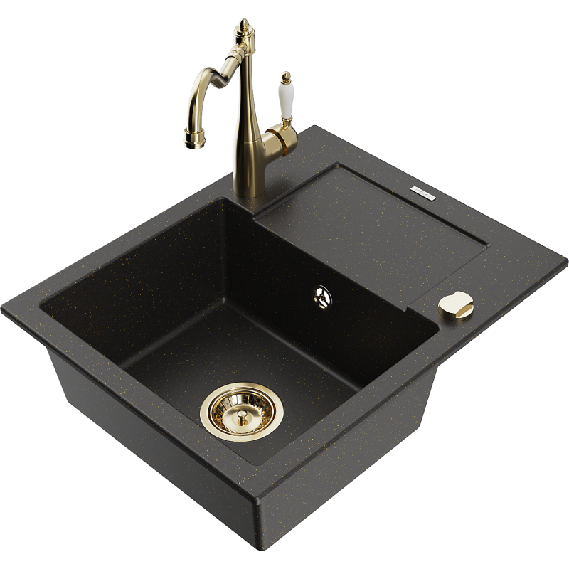 Mexen Enzo granitinė vienos kameros kriauklė su nutekėjimo sistema ir virtuviniu maišytuvu Carla, juoda/auksinis metalikas