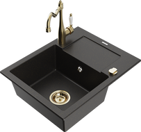 Mexen Enzo granitinė vienos kameros kriauklė su nutekėjimo sistema ir virtuviniu maišytuvu Carla, juoda/auksinis metalikas