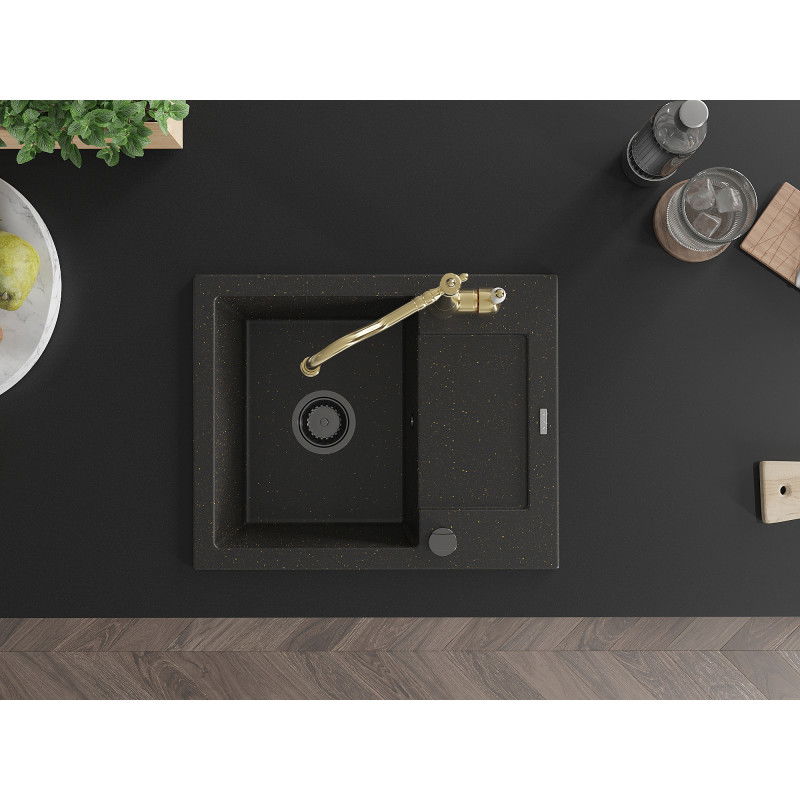 Mexen Enzo granitinė vieno dubens plautuvė su nutekėjimu ir virtuves maišytuvu Carla, juoda/aukso metalikas