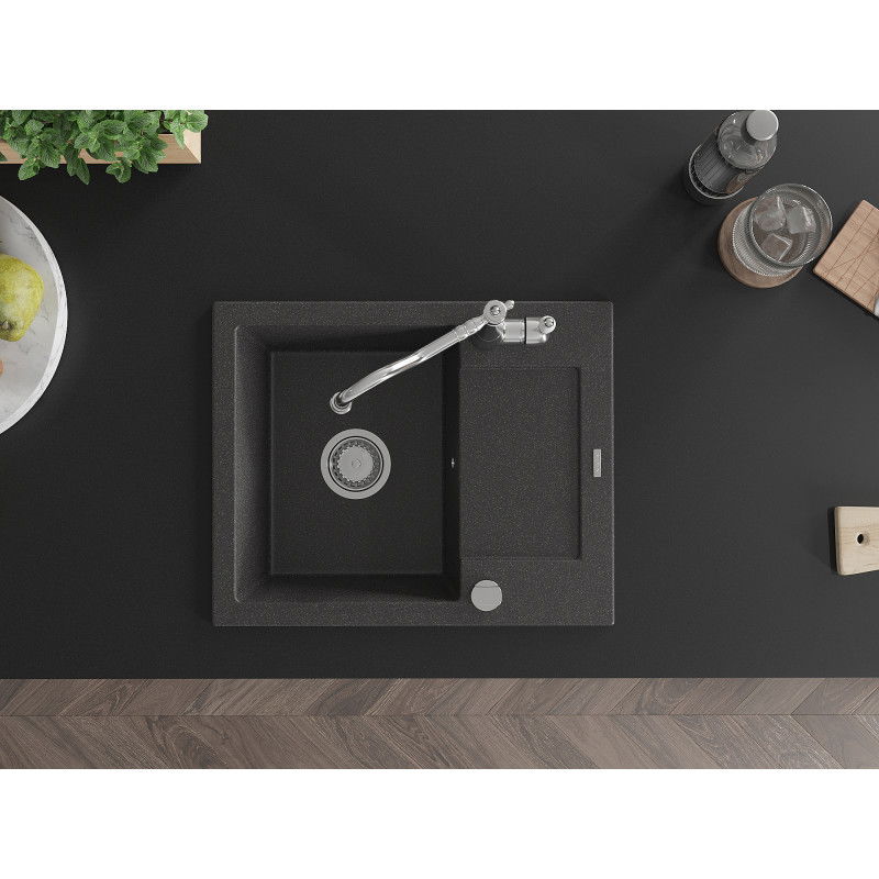 Mexen Enzo vieno dubens granitinė virtuvės plautuvė su nusausinimo zona ir virtuviniu maišytuvu Carla, juoda su taškeliais