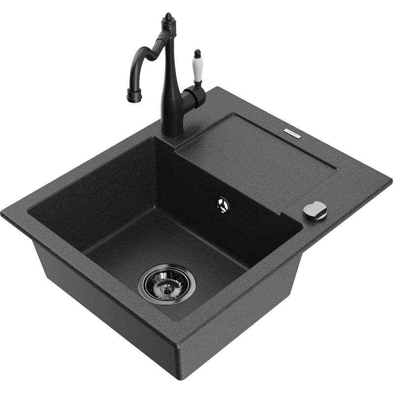 Mexen Enzo granitinė plautuvė su 1 skyriumi, drenažu ir virtuviniu maišytuvu Carla, juoda taškuota - 6506-76-670700-70-B