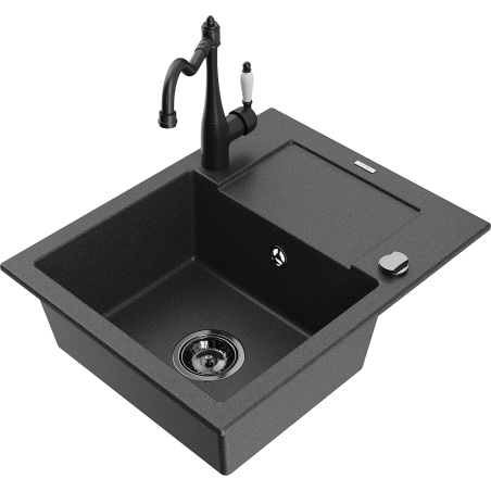 Mexen Enzo granitinė plautuvė su 1 skyriumi, drenažu ir virtuviniu maišytuvu Carla, juoda taškuota - 6506-76-670700-70-B
