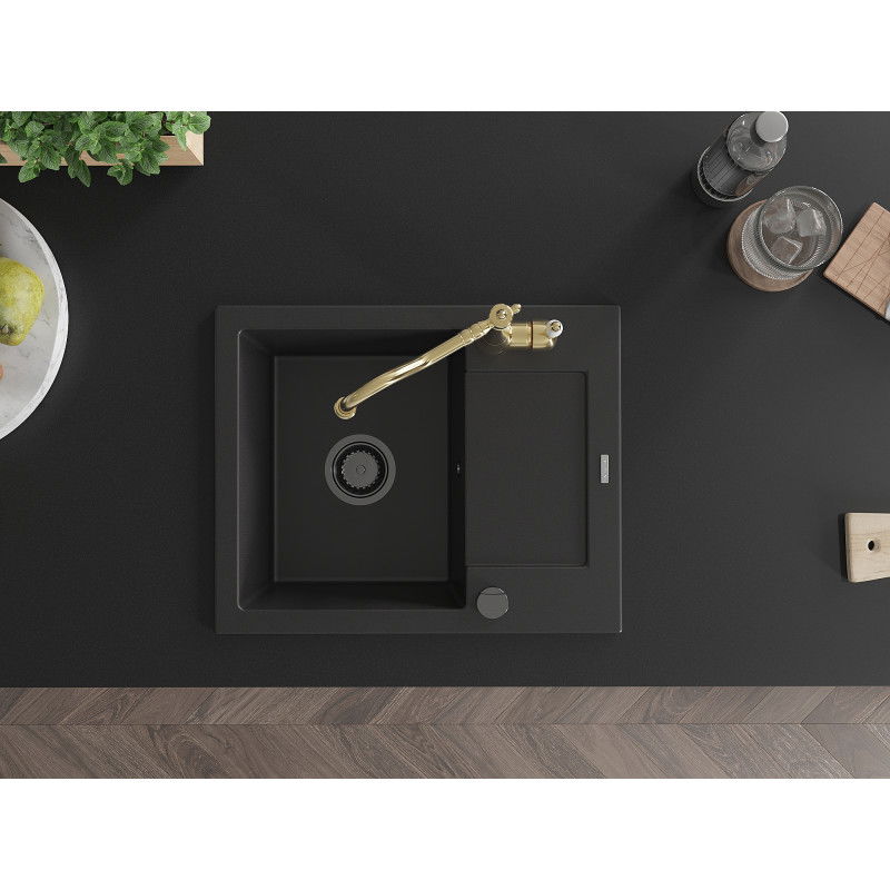 Mexen Enzo granitinė kriauklė su viena kamera ir nutekėjimu bei virtuviniu maišytuvu Carla, juoda - 6506-77-670700-50-B
