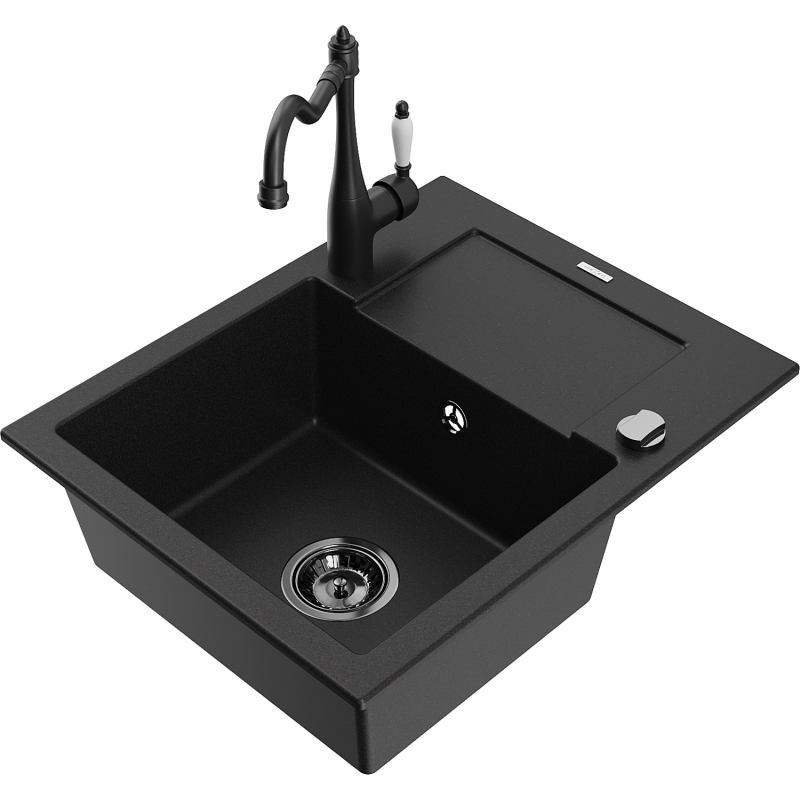 Mexen Enzo vienos kameros akmens masės plautuvė su nusausinimo vieta ir virtuvine maišytuvu Carla, juoda