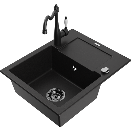 Mexen Enzo vienos kameros akmens masės plautuvė su nusausinimo vieta ir virtuvine maišytuvu Carla, juoda