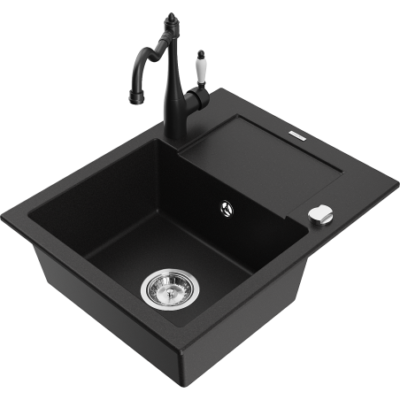 Mexen Enzo 1 skyriuas granitinė plautuvė su nusausintuvu ir virtuvės maišytuvu Carla, juoda - 6506-77-670700-70