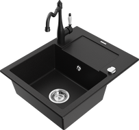 Mexen Enzo 1 skyriuas granitinė plautuvė su nusausintuvu ir virtuvės maišytuvu Carla, juoda - 6506-77-670700-70