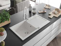 Mexen Leo grindinis granito kriauklė su vienu dubeniu, nutekėjimu ir virtuves maišytuvu Aster, balta - 6501-20-73450-02