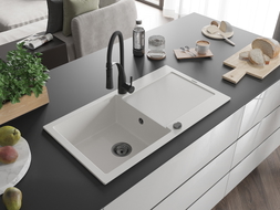 Mexen Leo granitinė virtuvės plautuvė 1 skyriumi su nutekamuoju paviršiumi ir virtuviniu maišytuvu Aster, balta