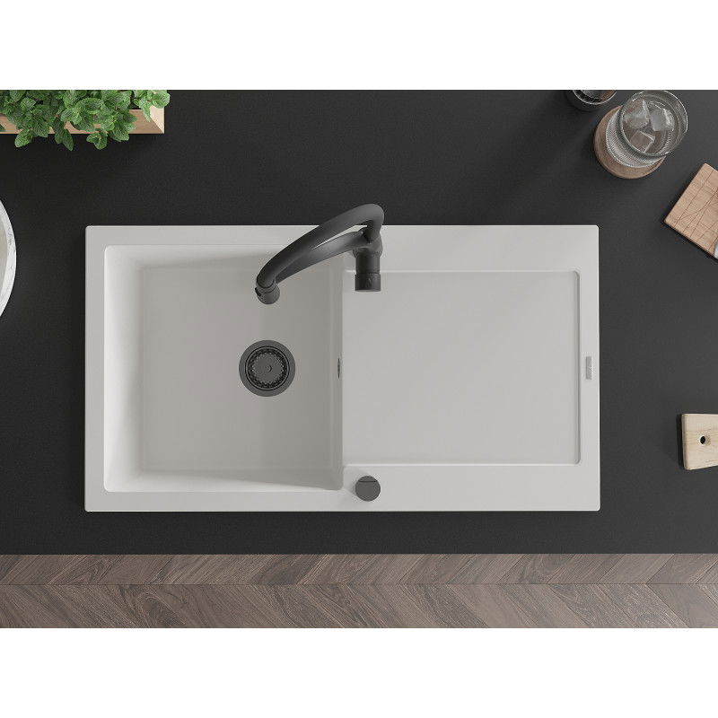 Mexen Leo granitinė vienos kameros plautuvė su nusausintuvu ir virtuviniu maišytuvu Aster, balta - 6501-20-73450-70-B