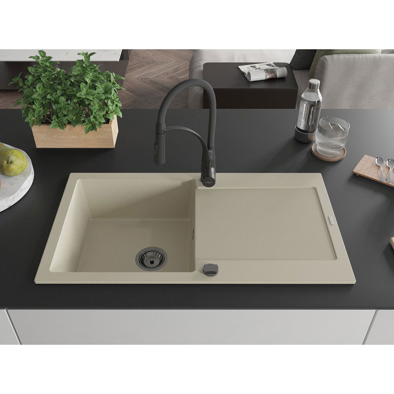 Mexen Leo granitinė vienos kameros kriauklė su nusausintuvu ir virtuviniu maišytuvu Aster, smėlio spalvos