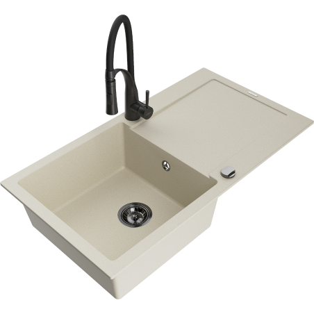 Mexen Leo granitinė vienos kameros kriauklė su nusausintuvu ir virtuviniu maišytuvu Aster, smėlio spalvos