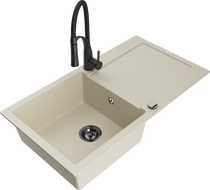 Mexen Leo granitinė vienos kameros kriauklė su nusausintuvu ir virtuviniu maišytuvu Aster, smėlio spalvos