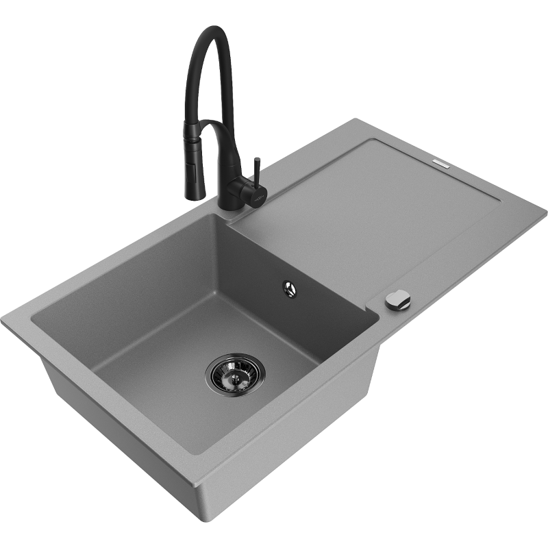 Mexen Leo granitinė vienos kameros kriauklė su nusausintuvu ir virtuvės maišytuvu Aster, pilka - 6501-71-73450-70-B