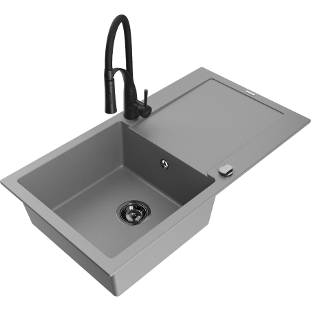 Mexen Leo granitinė vienos kameros kriauklė su nusausintuvu ir virtuvės maišytuvu Aster, pilka - 6501-71-73450-70-B