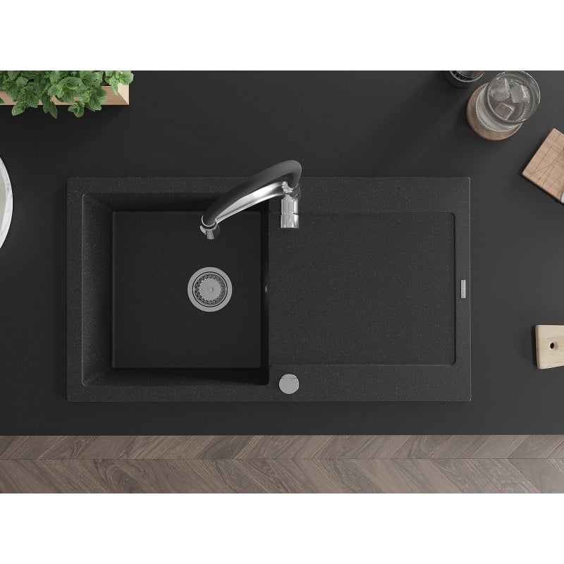 Mexen Leo vienos komeros granito plautuvė su nutekėjimu ir virtuviniu maišytuvu 'Aster', juodas/sidabrinis metalikas