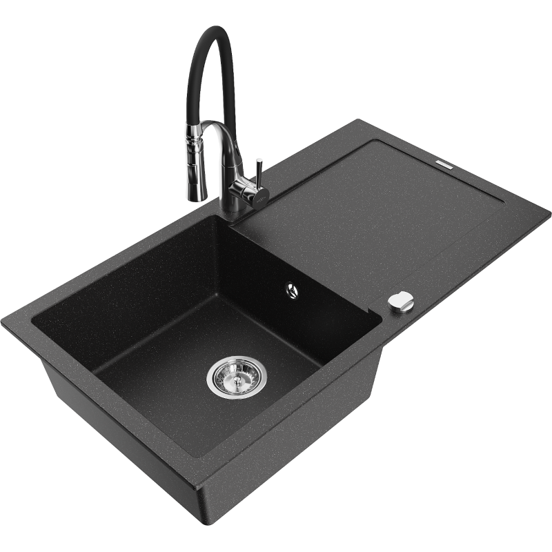 Mexen Leo vienos komeros granito plautuvė su nutekėjimu ir virtuviniu maišytuvu 'Aster', juodas/sidabrinis metalikas