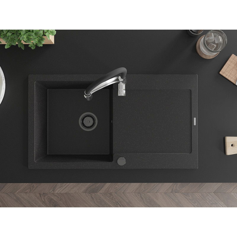 Mexen Leo granitinė vienos komoros plautuvė su nutekėjimu ir virtuvės maišytuvu Aster, juoda/sidabrinė metalinė