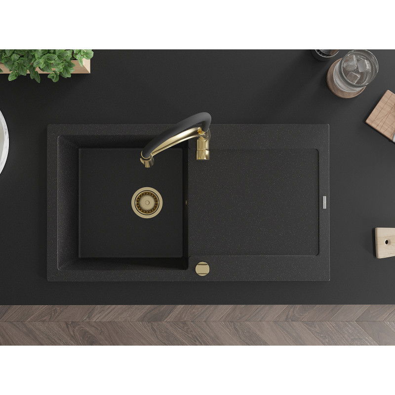 Mexen Leo granitinė plautuvė su 1 dubeniu, lašintuvu ir virtuviniu maišytuvu Aster, juoda/sidabrinis metalikas