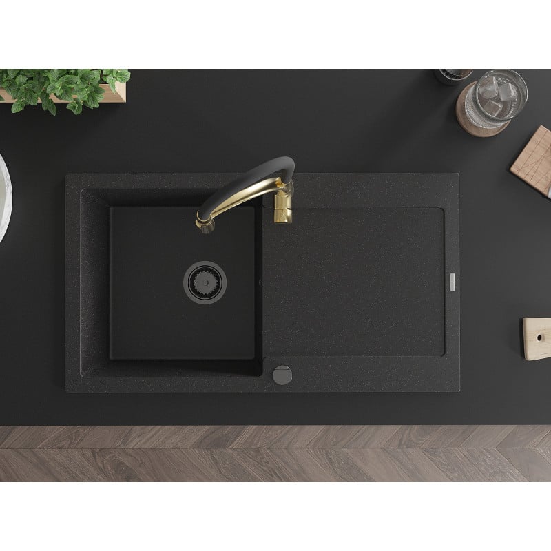 Mexen Leo 1 dubens granito kriauklė su nutekėjimo plokšte ir virtuviniu čiaupu Aster, juodas/sidabrinis metalikas