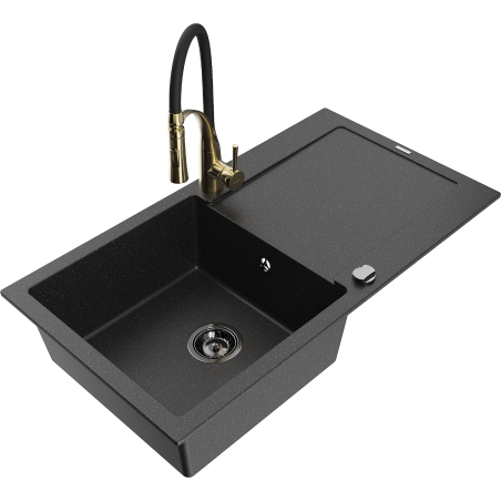 Mexen Leo 1 dubens granito kriauklė su nutekėjimo plokšte ir virtuviniu čiaupu Aster, juodas/sidabrinis metalikas