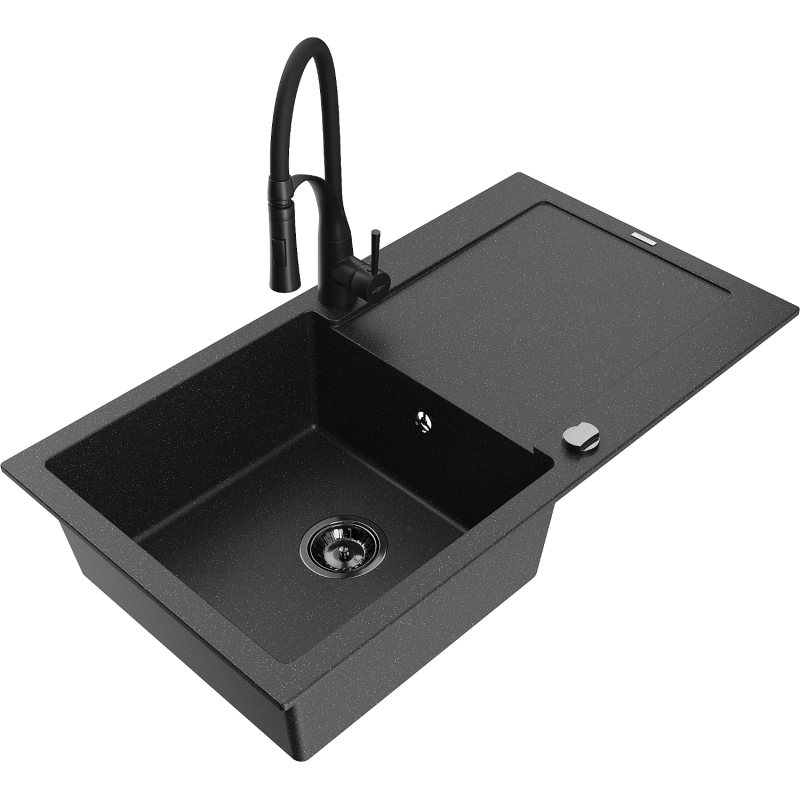 Mexen Leo granitinė vienos kameros plautuvė su nusausinimo vieta ir virtuvės maišytuvu Aster, juoda/sidabrinė metalo spalva