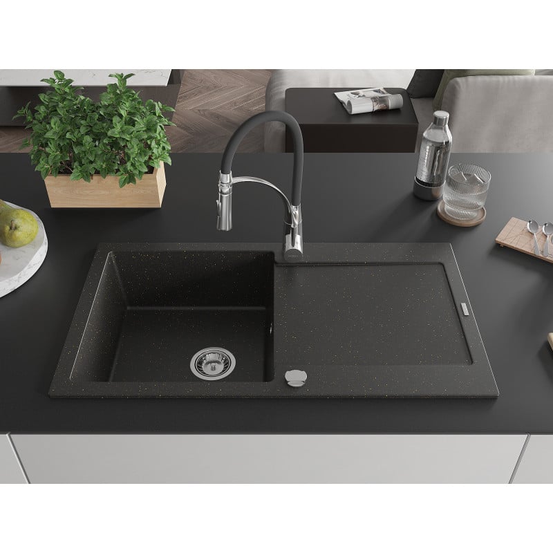 Mexen Leo granitinė vienos sekcijos plautuvė su nusausintuvu ir virtuviniu maišytuvu Aster, juoda/auksinė metalo spalva