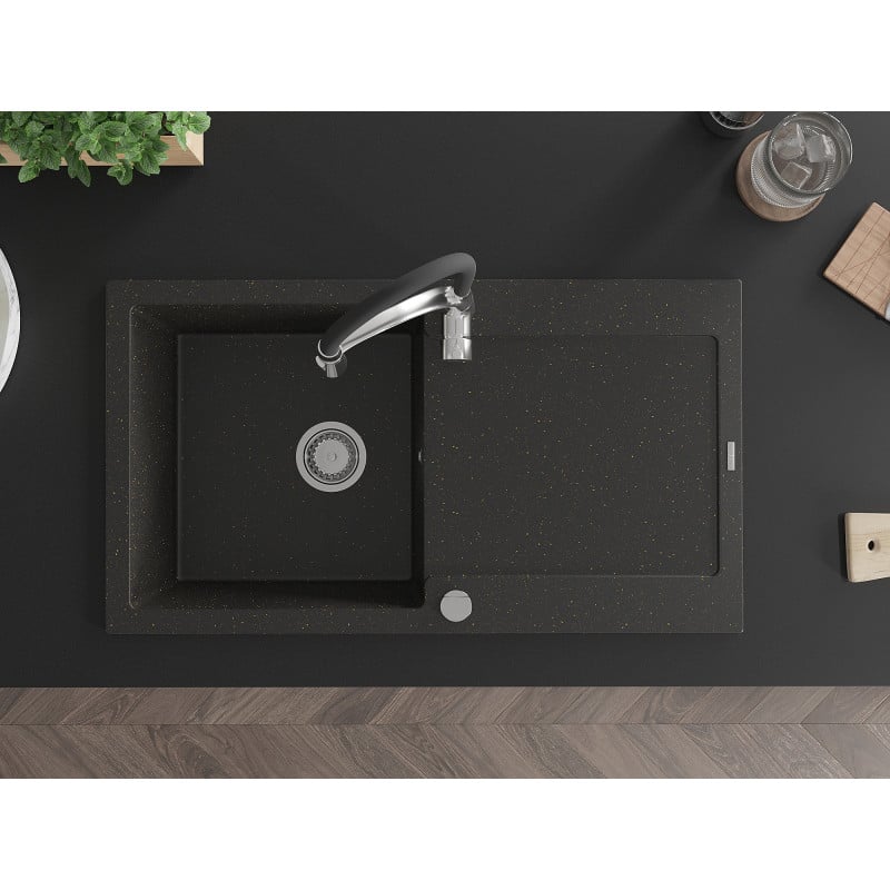 Mexen Leo granitinė vienos sekcijos plautuvė su nusausintuvu ir virtuviniu maišytuvu Aster, juoda/auksinė metalo spalva